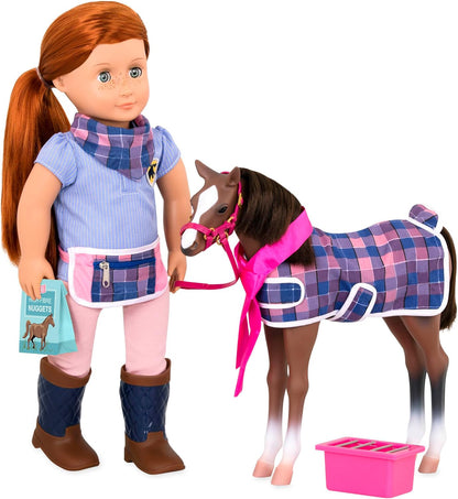 Figura de animal potro quarto de milha da nossa geração – potro de brinquedo de 30 cm para bonecas de 45 cm, figura de animal de brinquedo para meninas e meninos, acessórios estáveis e ferramentas de higiene, para crianças a partir dos 3 anos