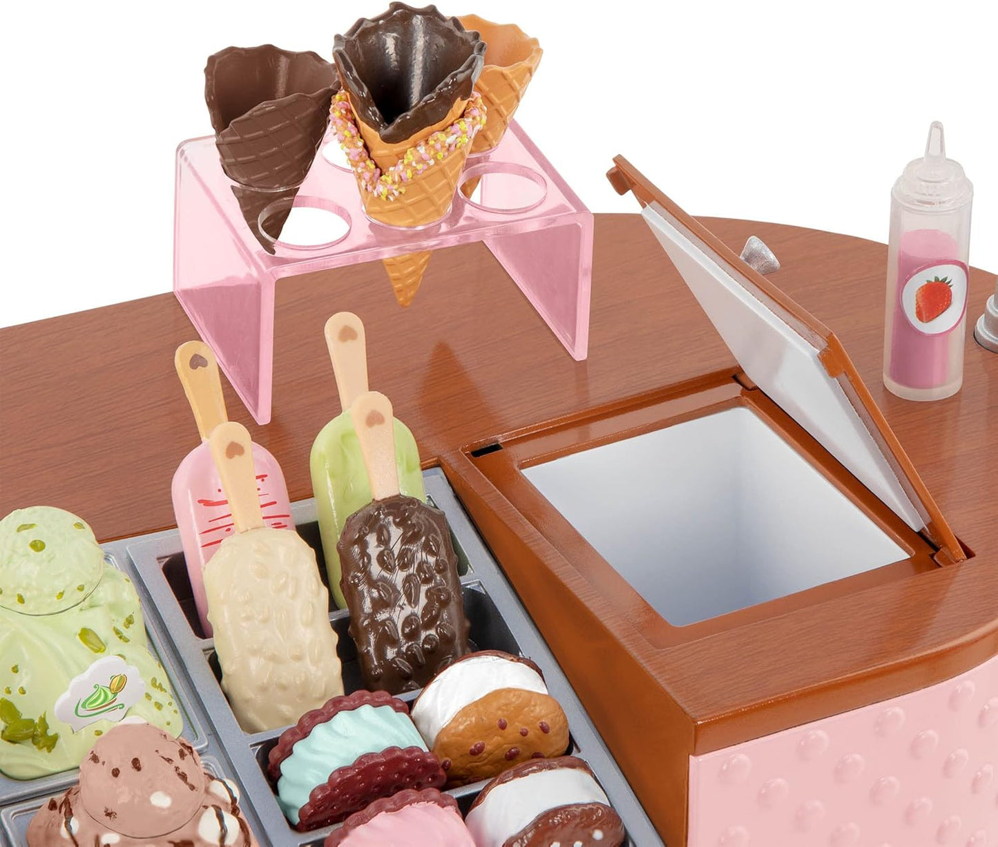 Carrinho de gelados Our Generation Two - Conjunto de gelados para bonecas de 45 cm, carrinho de comida de brincar, jogo de faz de conta para bonecas, conjunto de acessórios com 34 peças, para crianças a partir dos 3 anos