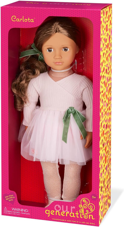 Our Generation Boneca bailarina Carlota de 45 cm com braços e pernas giratórias, características realistas, roupa de ballet e acessórios - ideal para brincadeiras criativas e aventuras de estilo