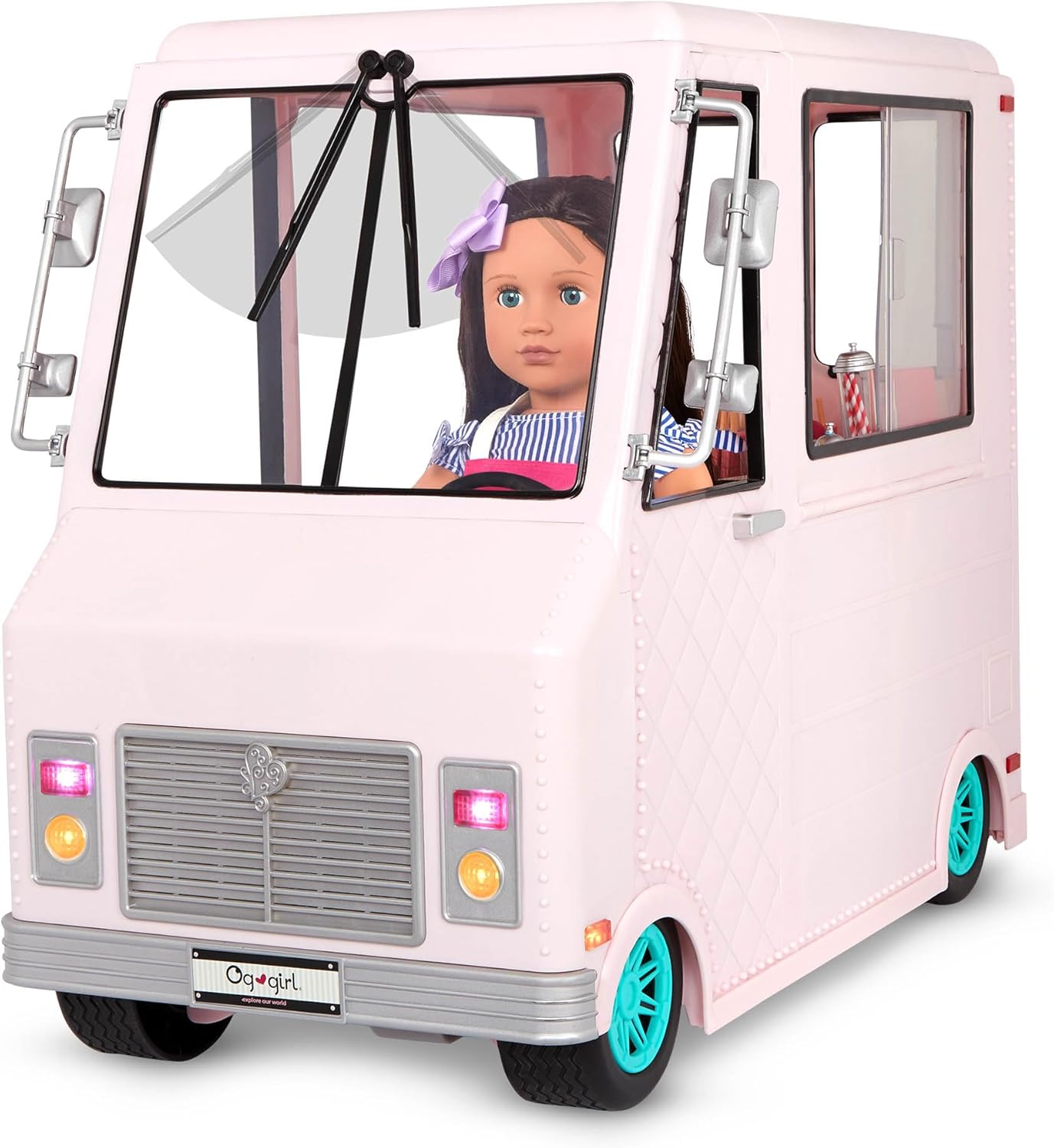 Camião de gelados Sweet Stop da Our Generation (rosa) – Conjunto de carrinha de gelados para bonecas de 45 cm – Inclui 129 acessórios