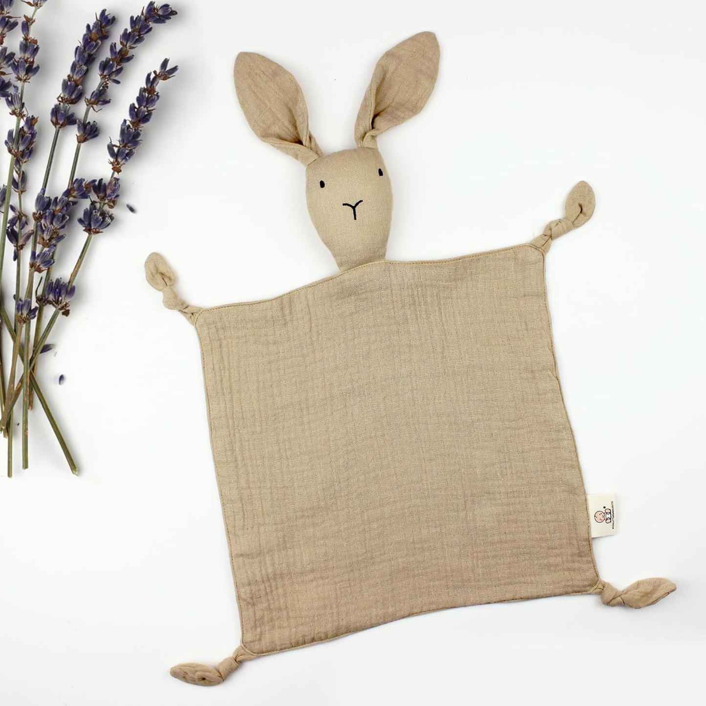 Little Giggles Co.® Bunny Baby Comforter - Edredão de musselina de algodão macio, manta de segurança e brinquedo sensorial em bege natural - presentes neutros para bebés recém-nascidos