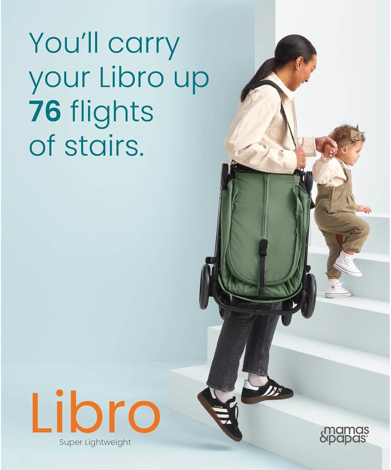 Mamas & Papas Libro, carrinho de viagem leve, dobrável com uma mão, arrumação compacta, assento reclinável, recém-nascido a 4 anos, verde-claro