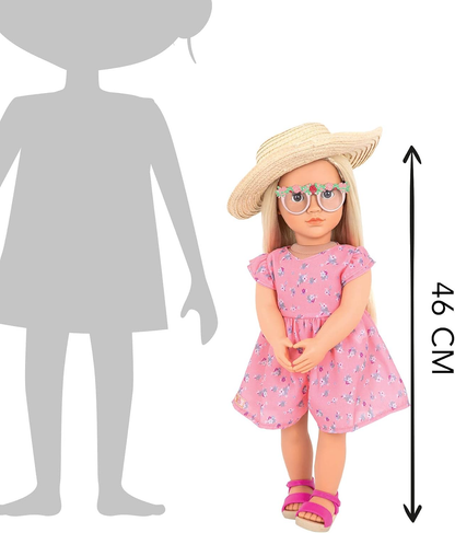 Boneca Our Generation com vestido estampado floral e chapéu de sol, Dália