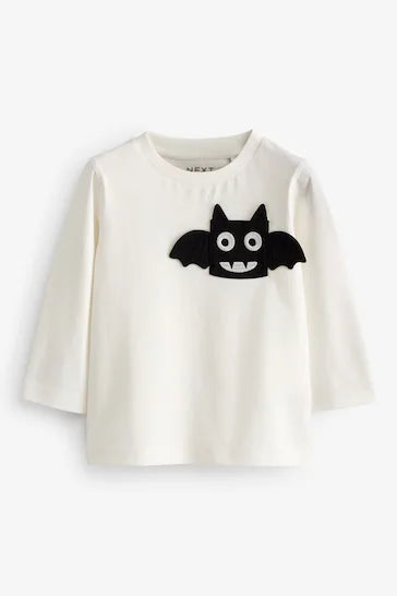 |Boy| Camiseta De Manga Comprida 100% Algodão Para Halloween - Morcego Branco (3 meses a 7 anos)