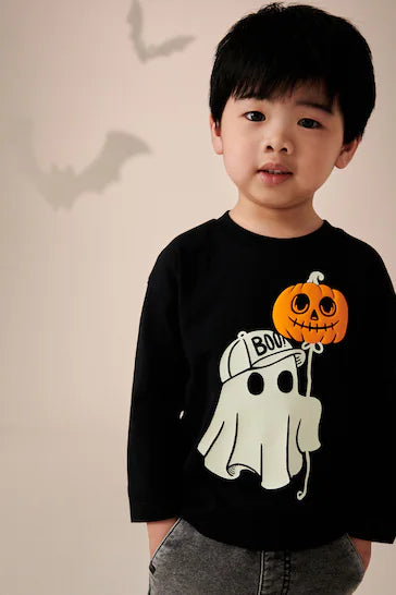 |Boy| Camiseta De Manga Comprida 100% Algodão Para Halloween – Fantasma Preto (3 meses a 7 anos)