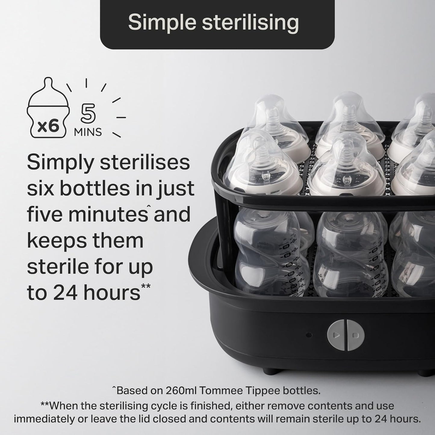 Tommee Tippee Esterilizador a vapor elétrico Supersteam para mamadeiras, elimina vírus e 99,9% das bactérias, ciclo de esterilização de 5 minutos, branco.