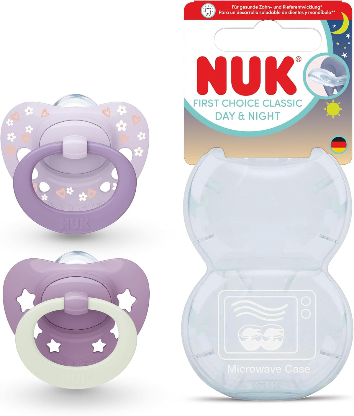 NUK Chupetas First Choice Classic Night | 6-18 Meses | Chupetas Ortodônticas que Brilham no Escuro | 95% de Aceitação pelos Bebês** | Roxa | 2 Unidades