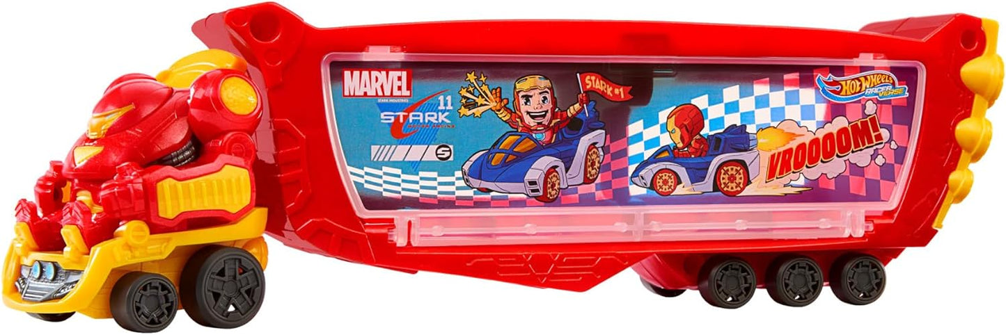 Hot Wheels  RacerVerse Marvel Hulkbuster Hauler, transporte e armazene até 10 veículos de brinquedo, cabine removível com capacete rebatível e figura não removível, HRY02