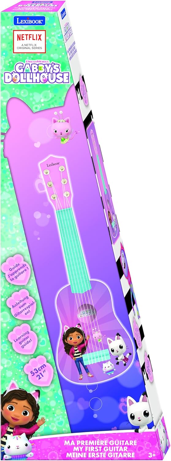Lexibook, Casa de Bonecas da Gabby, Meu primeiro violão para crianças, 6 cordas de nylon, 53 cm / 21'', Guia incluído, Rosa, K200GDH