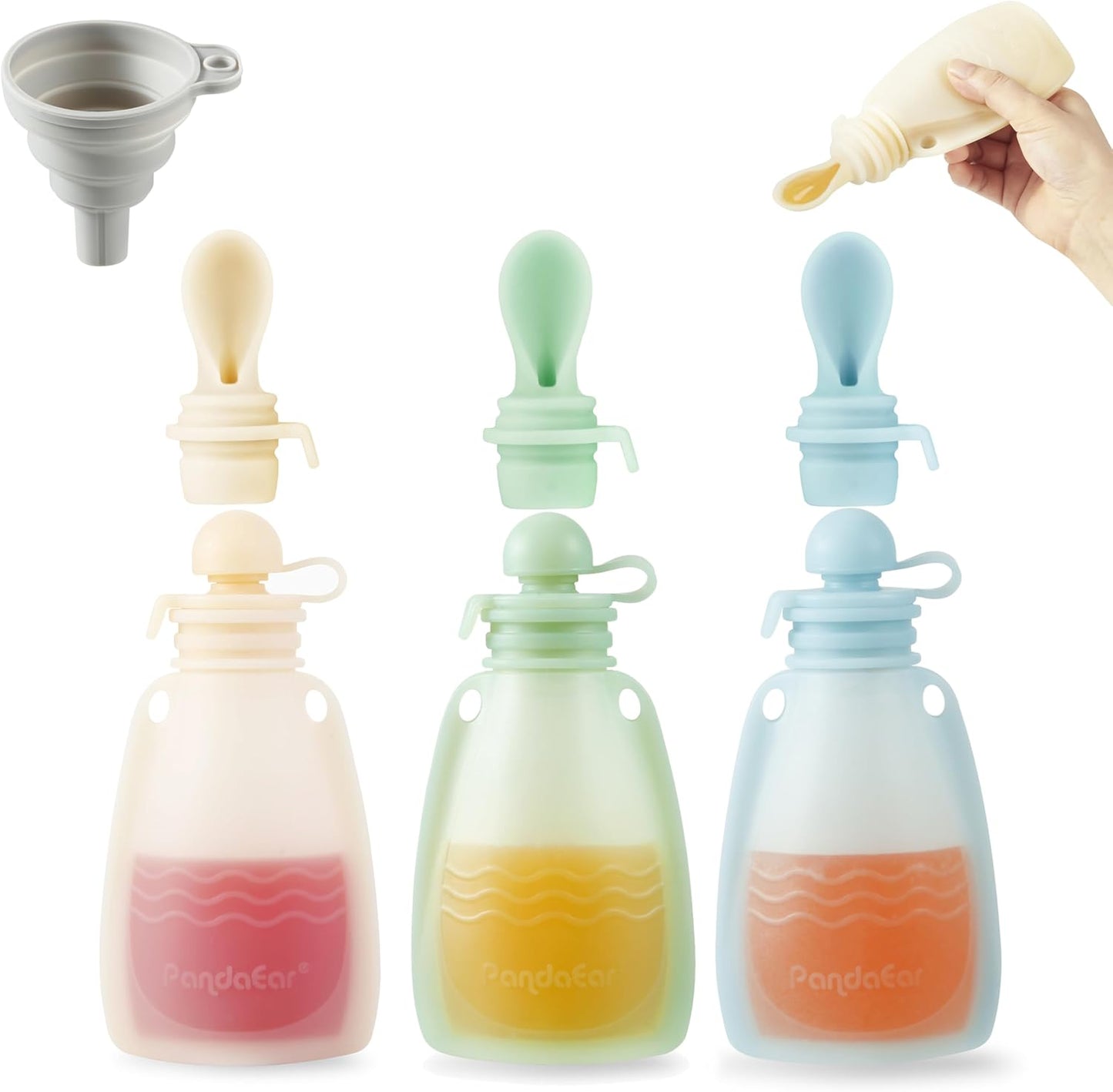 PandaEar 3 Pack Reusable Silicone Baby Food Pouches, Reusable Squeeze Pouches for Toddler Kids with 3 Silicone Puree Feeder Spoon, Silicone Refillable Baby Food Storage (Light Tan/Walnut/Grey)