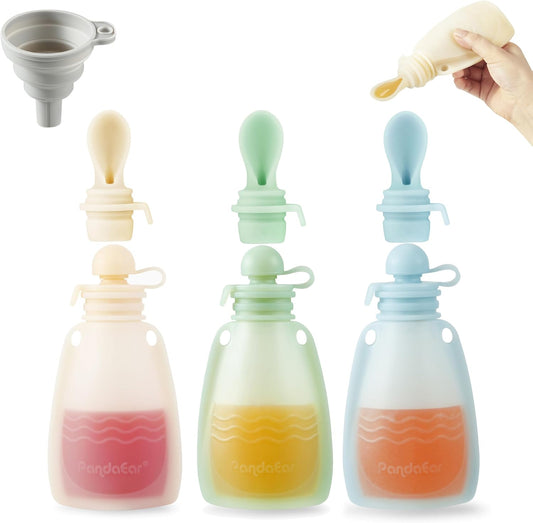PandaEar 3 Pack Reusable Silicone Baby Food Pouches, Reusable Squeeze Pouches for Toddler Kids with 3 Silicone Puree Feeder Spoon, Silicone Refillable Baby Food Storage (Light Tan/Walnut/Grey)