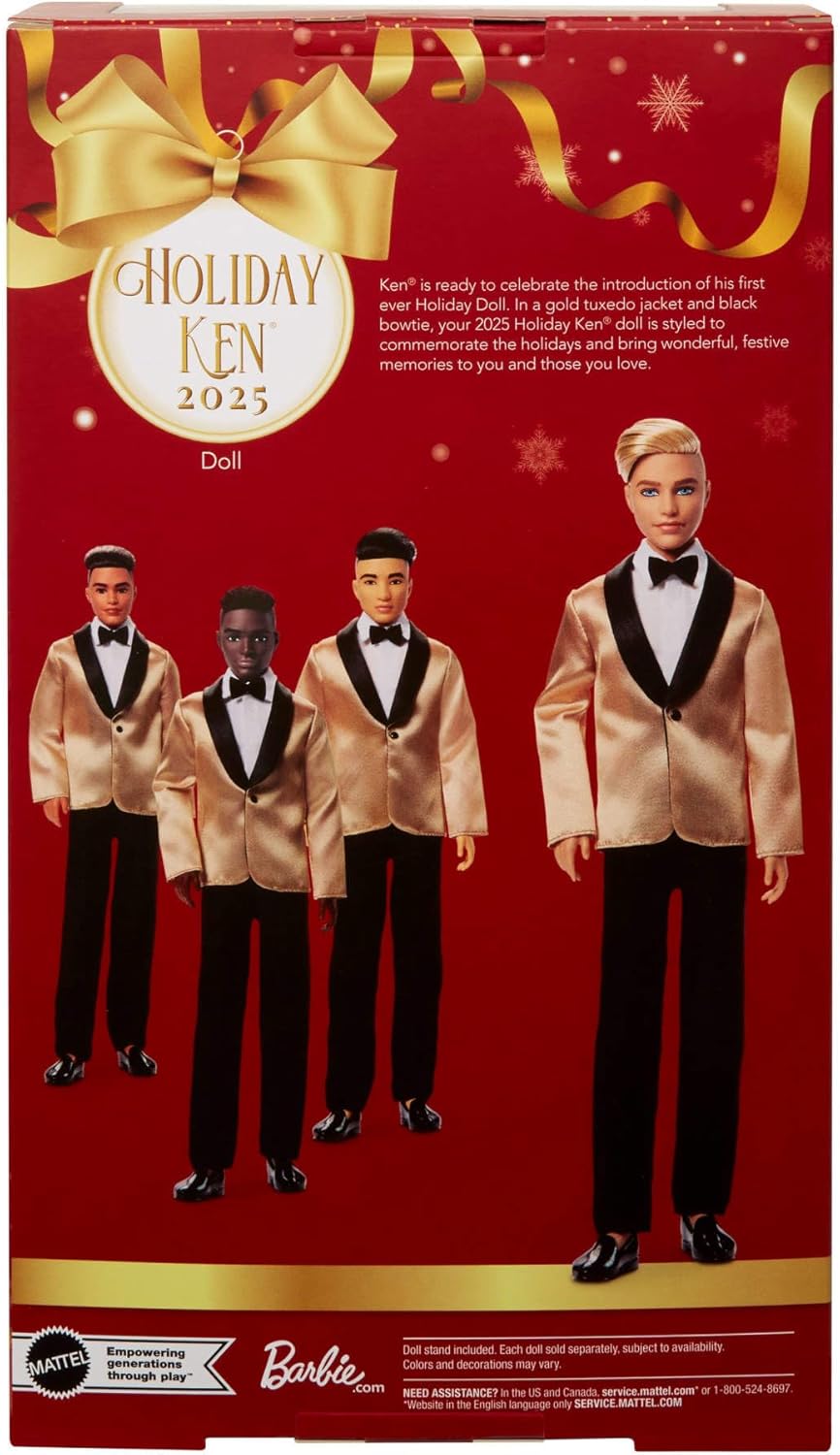 Barbie Signature 2025 Ken Loiro de Natal, Boneco Colecionável Fashion, Vestindo Terno Completo com Jaqueta Dourada, em Embalagem Exibível com Suporte para Boneco, JGK55