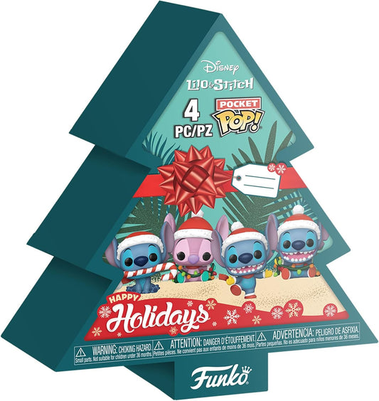 Funko Pocket Pop! Stitch Holiday - Pacote com 4 - Caixa de Árvore - Lilo e Stitch - Chaveiro - Mini Figura Colecionável - Presente de Natal - Ideia para Presente - Produtos Oficiais - Fãs da Disney/Pixar