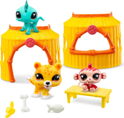Littlest Pet Shop Tiki Jungle Playpack | O pacote contém 3 mini brinquedos LPS, 3 acessórios, 1 cartão colecionável e 1 código virtual | Brinquedos colecionáveis para meninas e meninos