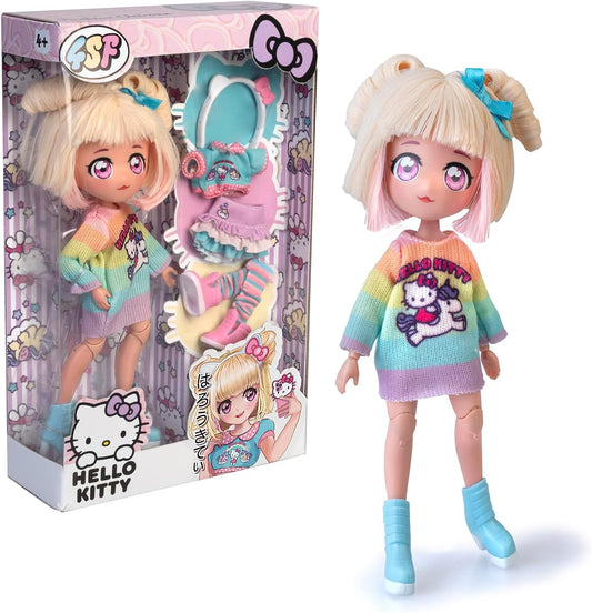 Hello Kitty 4SF Famosa Manga Fashion Unicorns, Boneca Fashion Japonesa, Figura de 19,5 cm com 15 Pontos de Articulação, Inclui Saia Ra-Ra, Polainas e Tiara com Orelhas, (HKTF2000)