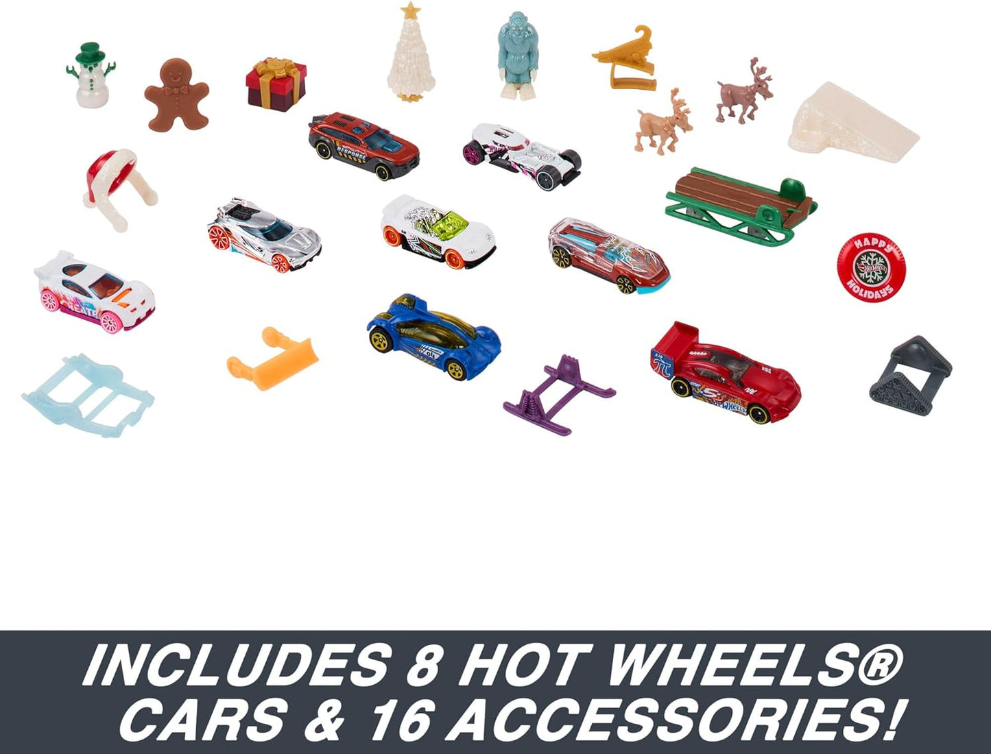 Hot Wheels Calendário do Advento 2023, 8 carros Hot Wheels e 16 acessórios com tema de inverno atrás de 24 portas numeradas, além de um tapete de brincar, para crianças e fãs de Hot Wheels, HKL74