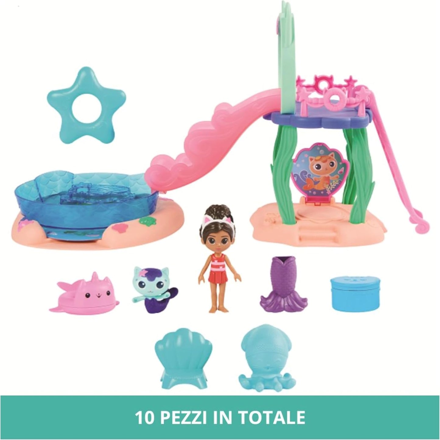 Gabby's Dollhouse, Piscina Purr-ific com figuras da Gabby e da MerCat e Quarto Artesanal Baby Box com figura de gato Baby Box e acessórios.