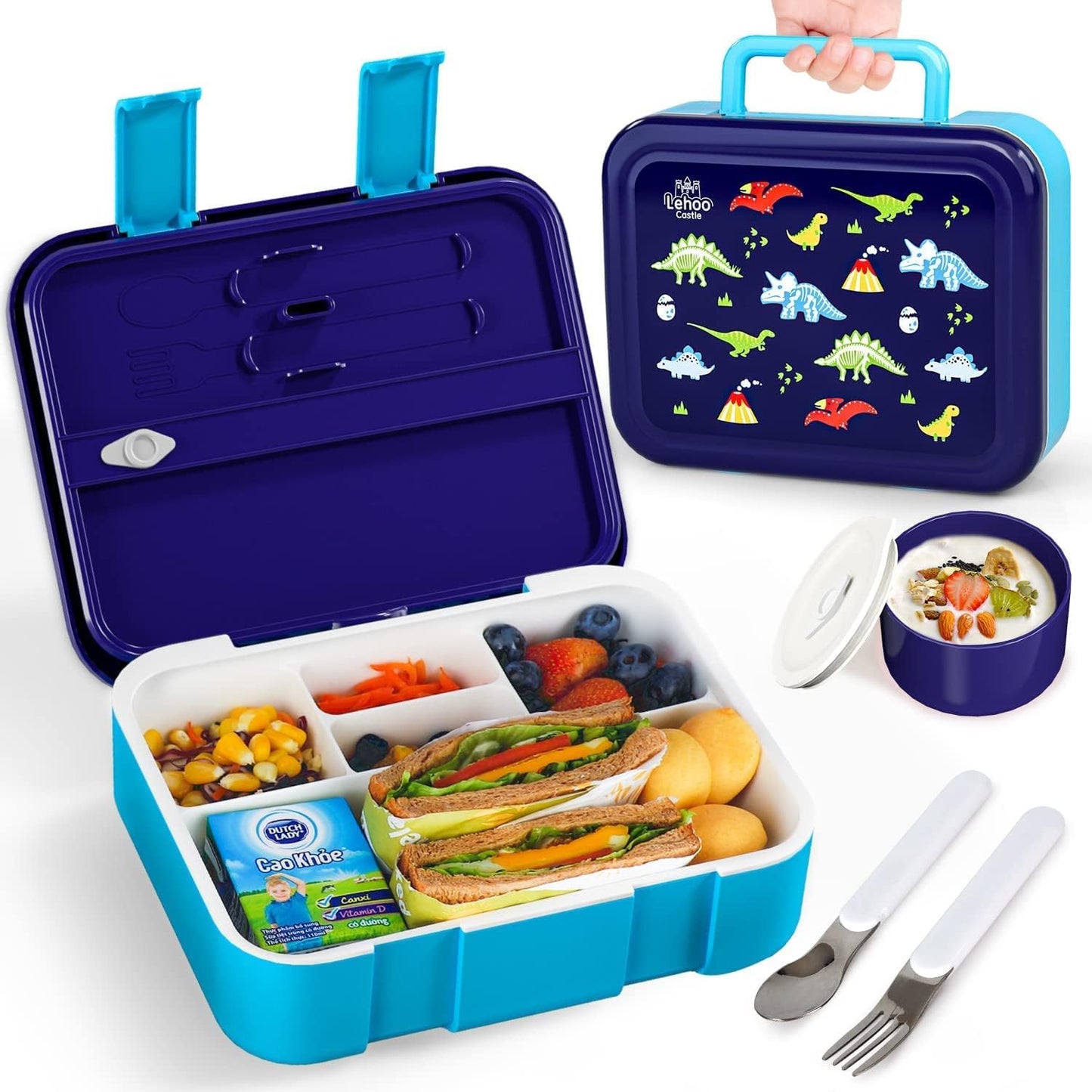 Lehoo Castle Lancheira infantil Bento, lancheira com 5 compartimentos, recipientes de almoço de 1,25L com pote de molho, colher e garfo para meninos e meninas, escola, à prova de vazamentos, sem BPA (dinossauro)