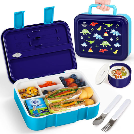 Lehoo Castle Fiambrera Bento para Niños, Fiambrera de 5 Compartimentos, Recipientes para Almuerzo de 1,25 L con Salsa, Cuchara y Tenedor para Niños y Niñas, Escuela, A Prueba de Fugas, Sin BPA (Dinosaurio)