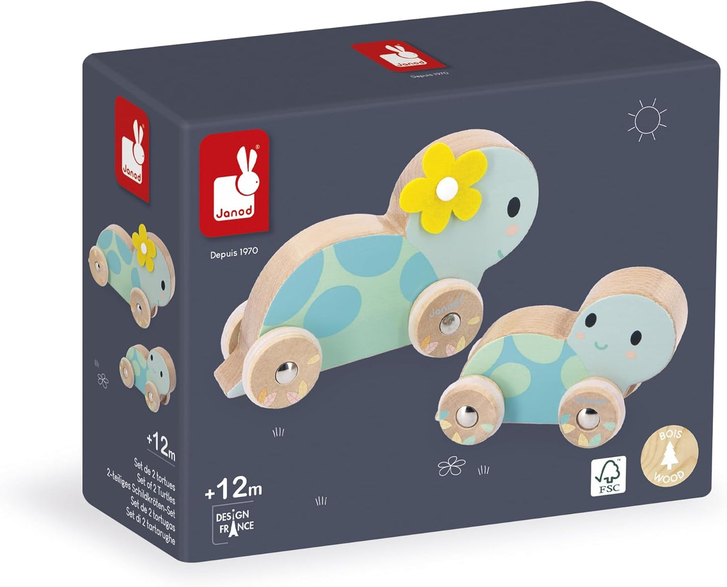 Janod - Conjunto de 2 Tartarugas de Madeira - Brinquedo que rola - Rodas Silenciosas - Brinquedo Educativo - Desenvolve a coordenação motora fina e a imaginação - A partir de 1 ano - J05148