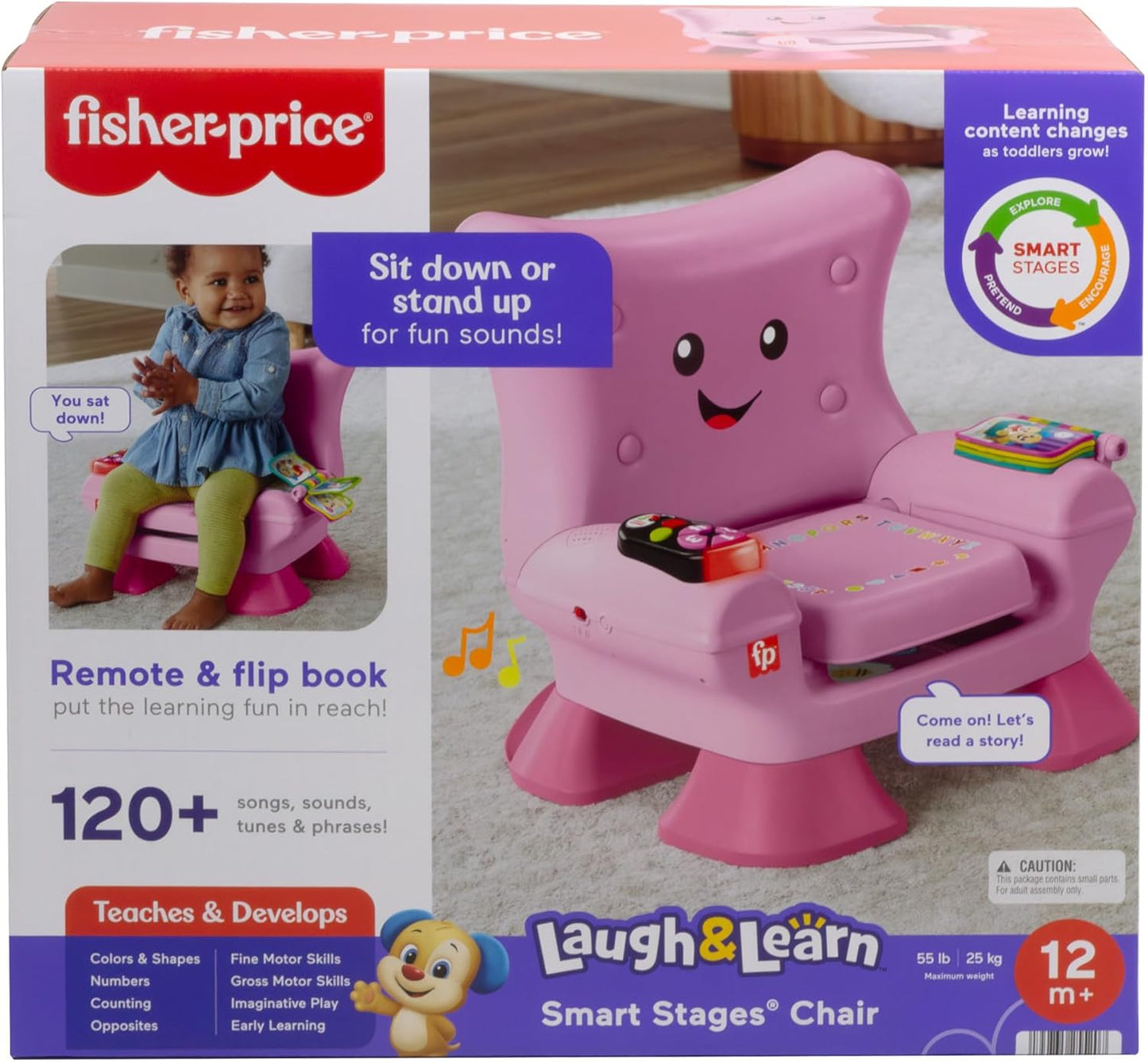 Cadeira de atividades Fisher-Price Laugh & Learn Smart Stages, rosa, com música, luzes e atividades para crianças a partir de 1 ano, versão multilíngue: inglês, francês e alemão, JFF07