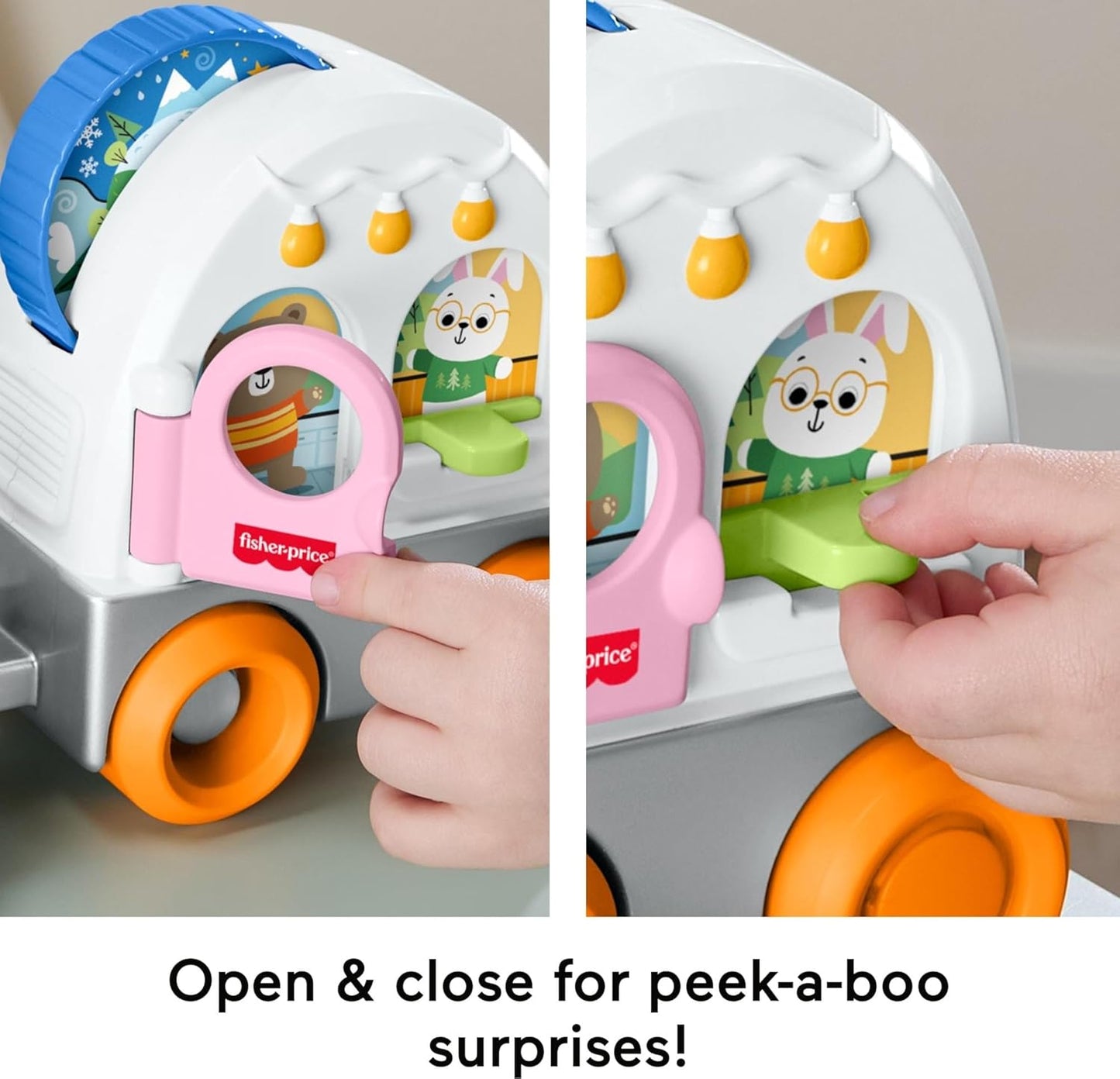 Fisher-Price Brinquedo para bebês e crianças pequenas: Veículo de reboque Friendship Forest com atividades sensoriais para bebês a partir de 1 ano de idade, JKD52