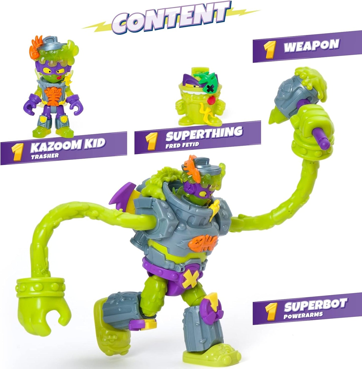 SUPERTHINGS Superbot Power Arms Trasher – Robô vilão articulado com braços flexíveis e acessório de combate. Inclui 1 Kazoom Kid exclusivo e 1 SuperThing exclusivo.
