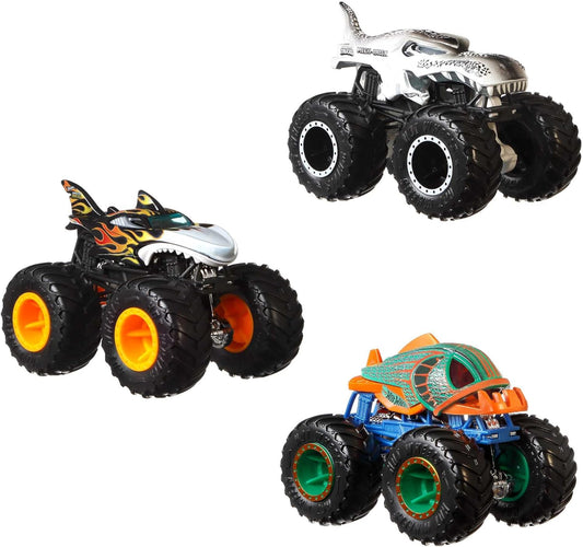 Hot Wheels Monster Trucks Creature 3 pacotes de brinquedos Monster Trucks em escala 1:64, Shark Wreak, Piran-ahh e Mega Wrex, brinquedo para crianças de 3 anos ou mais