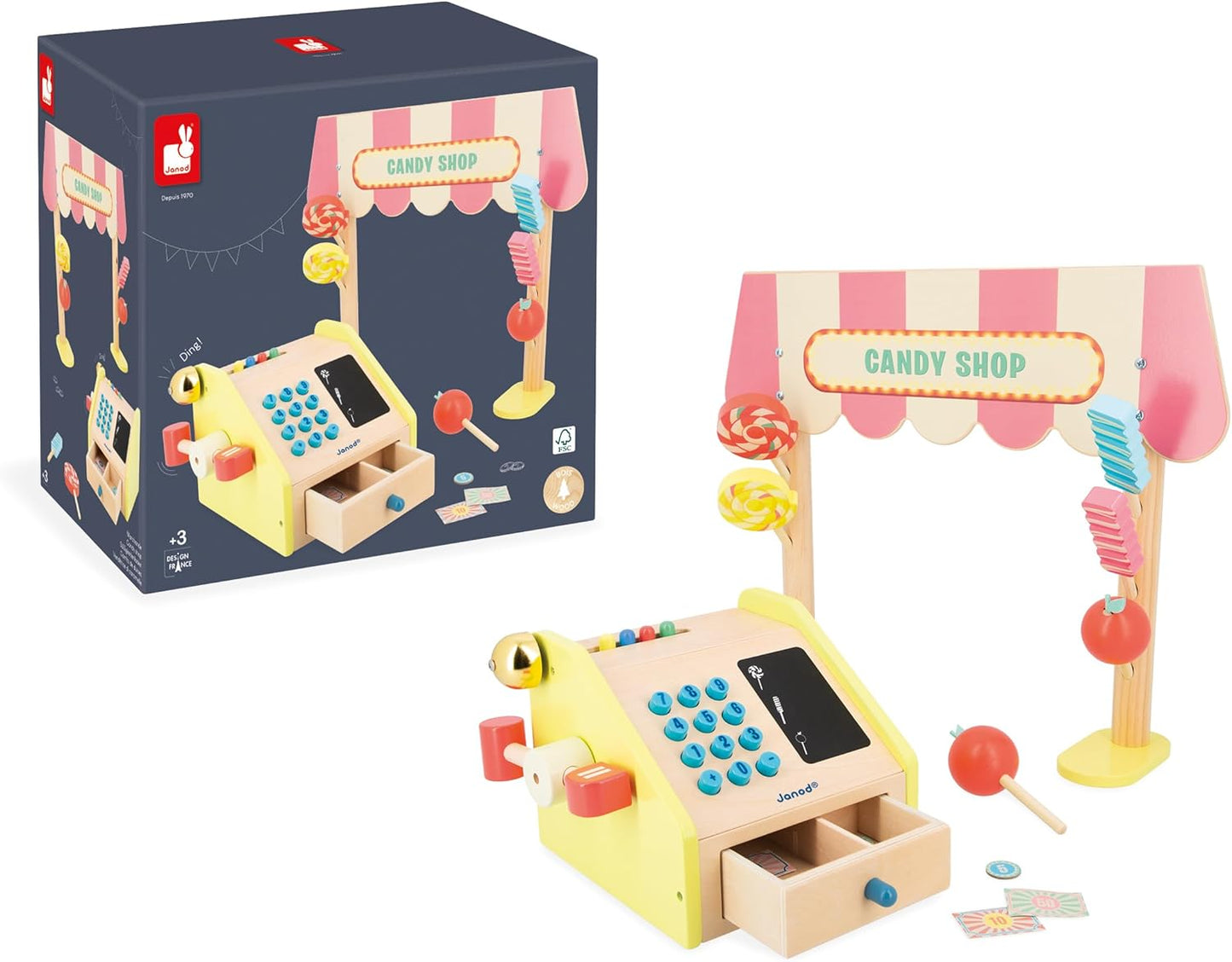 Janod - Barraca de mercado infantil Applepop Finja brincar de brinquedo com até - 19 acessórios - Aprimoramento da imaginação - Brinquedo de madeira FSC - Tinta à base de água - 3 anos +, J03350