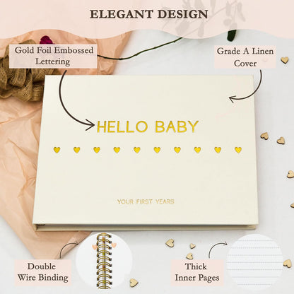 Livro de memórias LOVE ON para bebês com kit de mãos e pés sem tinta grátis - Diário dos primeiros 5 anos para bebês com capa elegante de linho e folha de ouro em relevo - Inclusivo para todos os tipos de família