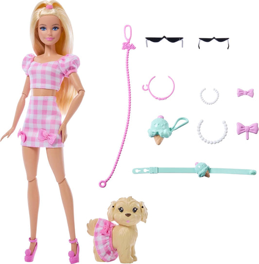 Barbie Looks Combinando com Cachorrinho de Estimação, ambas com Roupas e Acessórios Combinando em Xadrez Rosa, como Óculos de Sol, Colares e Laços, Loira, JFP36