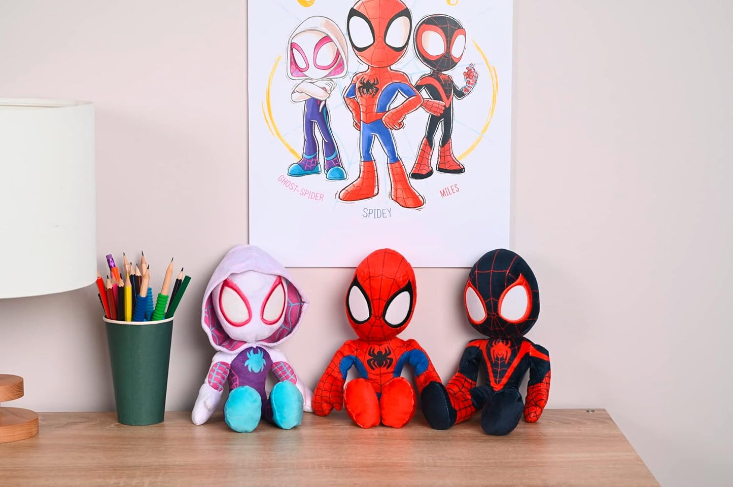 Boneco de ação do Homem-Aranha do Aranhaverso da Disney, 25 cm, de pelúcia, com olhos que brilham no escuro, nas cores azul, roxo e branco.