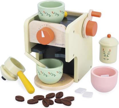 Janod - Máquina de Café Barista Infantil de Madeira - Com Moedor de Café Manual - 20 Acessórios de Madeira e Feltro Incluídos - Brinquedo de Imitação - Desenvolve a Imaginação - A partir de 3 anos - J06644