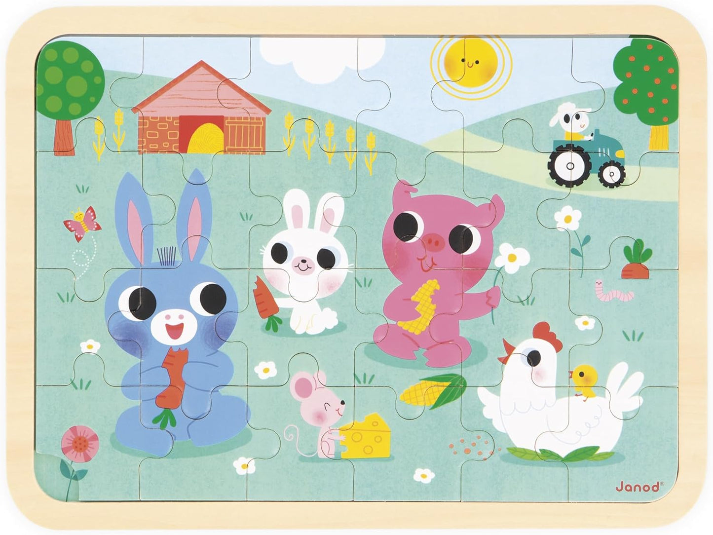 Janod - Quebra-cabeça de Madeira 24 Peças Infantil A partir de 4 anos - Tema Fazenda - Modelo incluso + Jogo dos 5 Erros no Tabuleiro - Desenvolve Concentração e Observação - Produto FSC - J07126