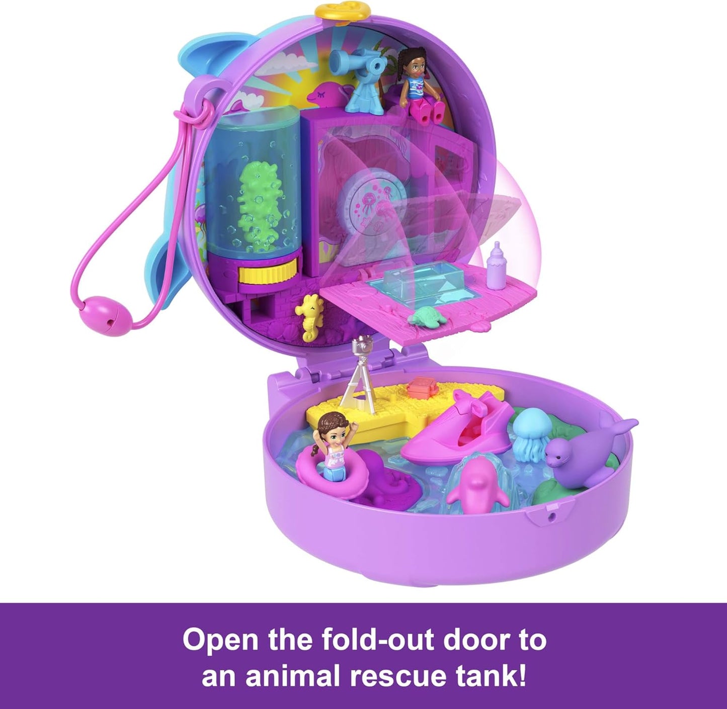 Polly Pocket Dolls and Playset, Dolphin Rescue & Play Compact, Animal Toy with 2 Micro Dolls, Sea Pets, Ocean Accessories