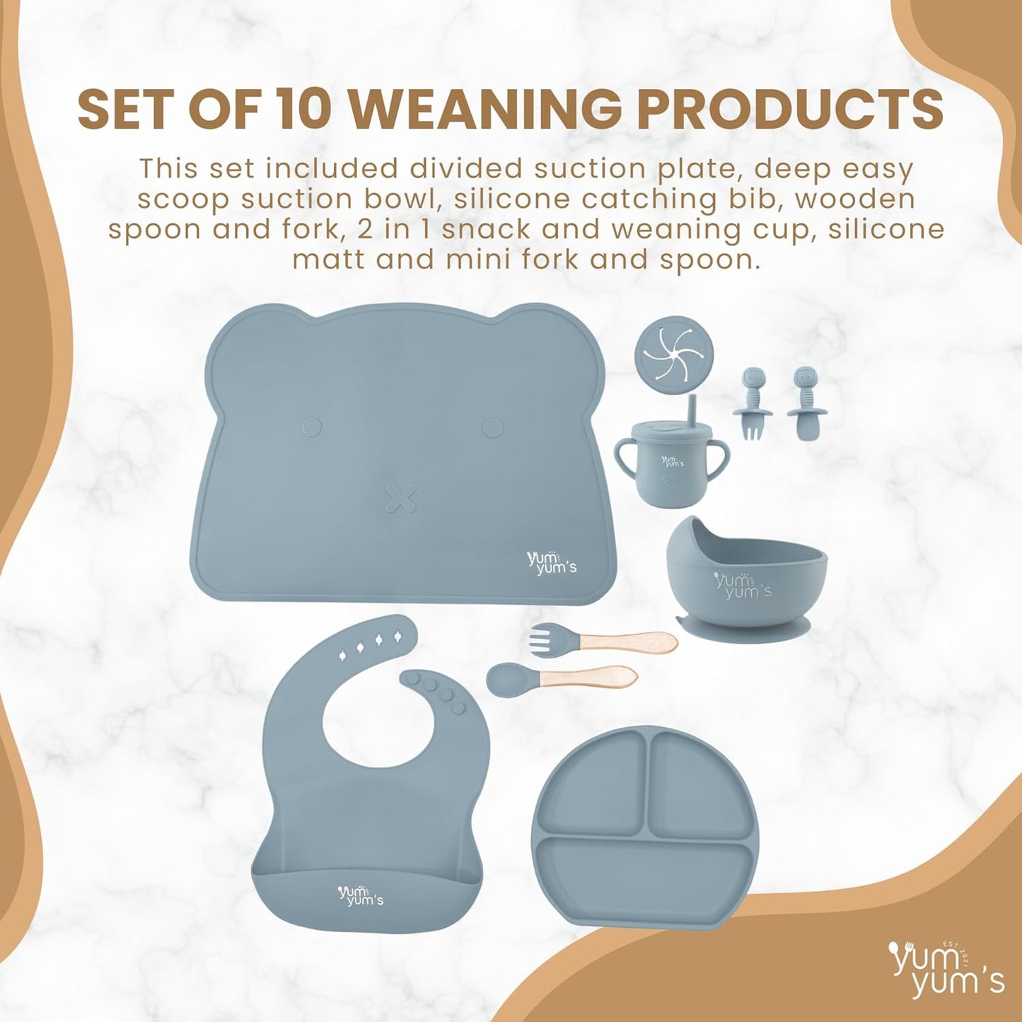 Yum Yum's Conjunto de Introdução Alimentar Baby Azul com 10 Peças - Kit Completo para Alimentação Infantil com Prato Dividido, Tigelas com Ventosa, Talheres com Protetor Bucal, Copo com Canudo,