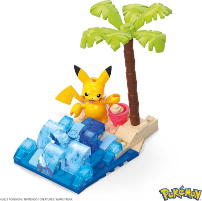 MEGA Conjunto de construção Beach Splash do Pokémon Pikachu com 79 tijolos e peças compatíveis que se conectam a outros mundos, conjunto de presente de brinquedo para maiores de 7 anos, HDL76