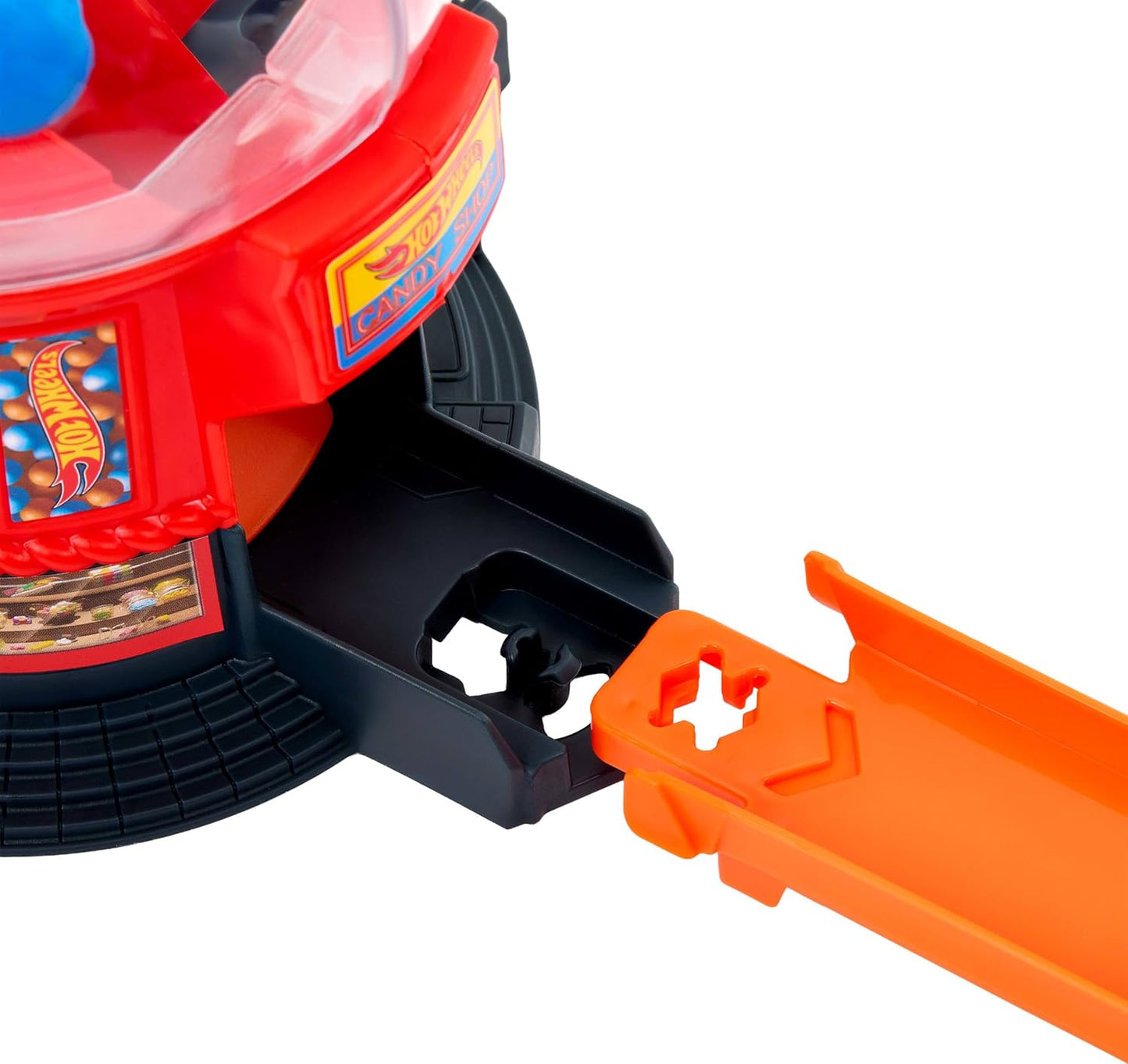 Conjunto de Pista de Carrinhos Hot Wheels, Máquina de Chicletes com Veículo em Formato de Rosquinha em Escala 1:64 e Pista Speed Snap, Loja de Doces Downtown City, JBM62