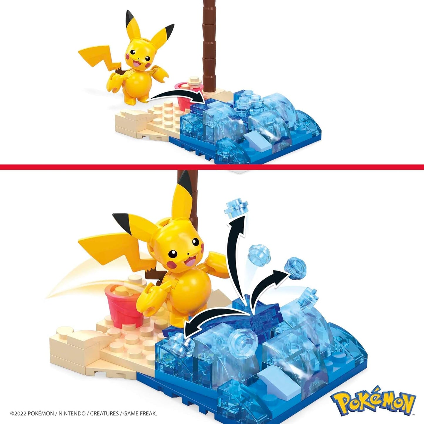 MEGA Conjunto de construção Beach Splash do Pokémon Pikachu com 79 tijolos e peças compatíveis que se conectam a outros mundos, conjunto de presente de brinquedo para maiores de 7 anos, HDL76
