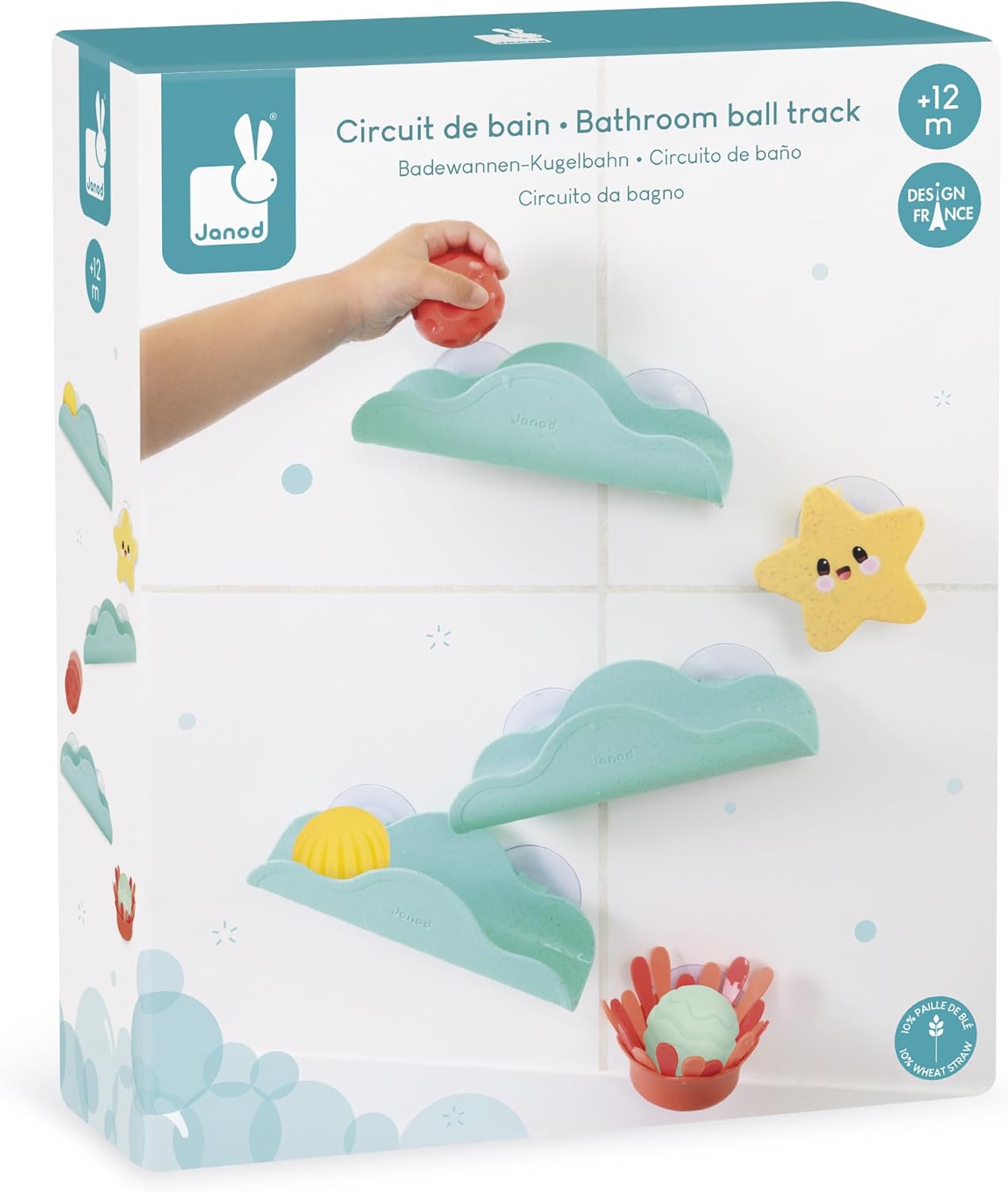 Janod - Circuito de Banho com Ventosa, Bolas e Elementos Giratórios - Brinquedo de Palha de Trigo - Coordenação Motora Fina - A partir de 12 meses - J04732