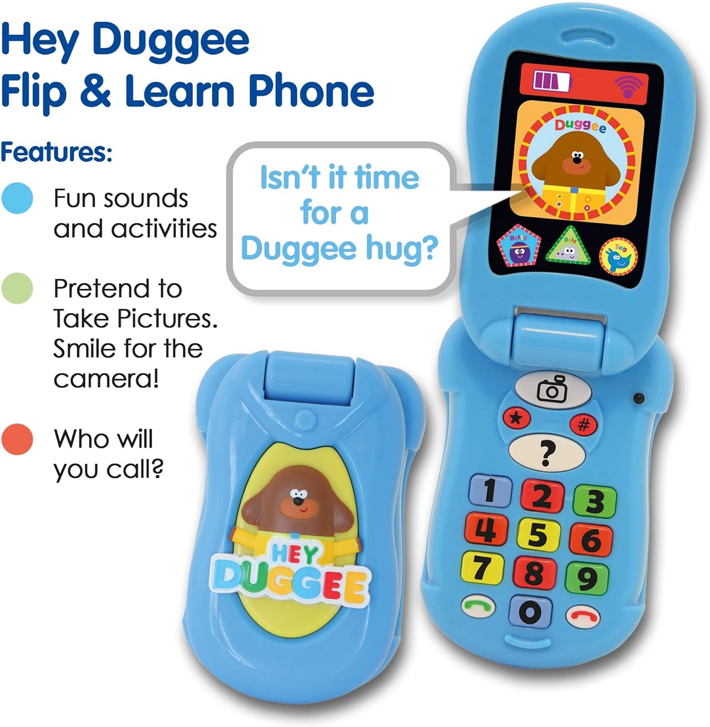 Hey Duggee Toys, Flip & Learn Toy Phone For Kids - Ajuda no desenvolvimento infantil, aprendizagem, resolução de problemas, comunicação, coordenação olho-mão e habilidades motoras, 18 meses ou mais, azul
