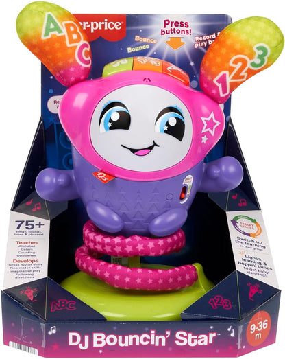 Fisher-Price Brinquedo interativo de aprendizagem para bebês e crianças pequenas com luzes musicais e ação saltitante, DJ Bouncin' Star, versão em inglês do Reino Unido, HRC48