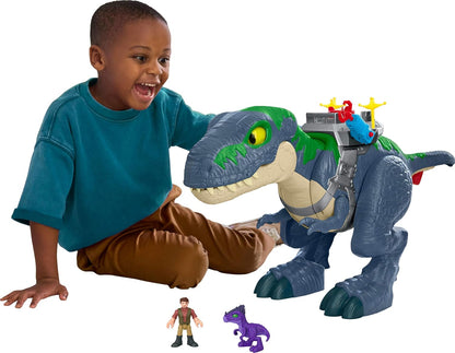 Fisher-Price Imaginext Jurassic World Rebirth Conjunto de Dinossauros, Brinquedo de Dinossauro T. rex Ultimate Action Chomp de 45 cm com Luzes, Sons, Movimento e 2 Figuras de Ação de 7,5 cm, JGR40