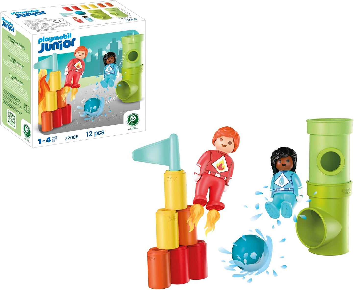 Playmobil | JUNIOR | JUNIOR: Ação de Super-heróis | Conjunto de Montar com Mulher-Água, Homem-Fogo, Torres e Elementos de Pista de Bolas | Para Crianças a partir de 4 Anos | 72085
