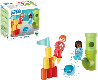 Playmobil | JUNIOR | JUNIOR: Ação de Super-heróis | Conjunto de Montar com Mulher-Água, Homem-Fogo, Torres e Elementos de Pista de Bolas | Para Crianças a partir de 4 Anos | 72085