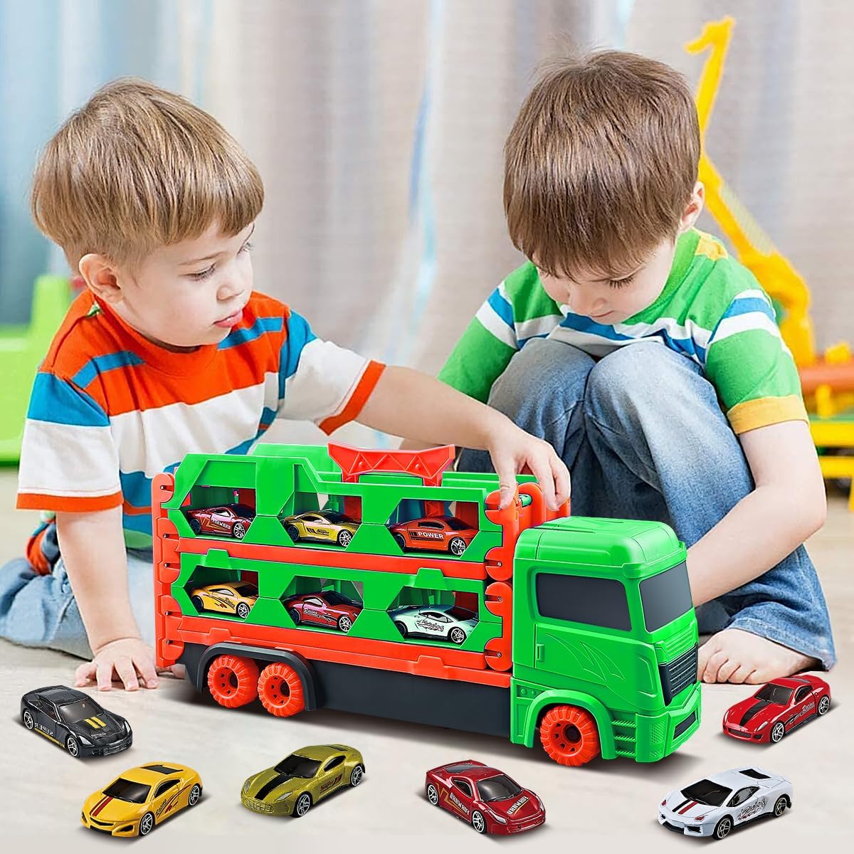VATOS Transporte Caminhão Brinquedos Carros para Meninos Idades 3 4 5 6, Caminhão Portátil Brinquedo com 6 Carros de Corrida, Melhor Presente Veículos Transportadores Brinquedos Conjunto para Crianças