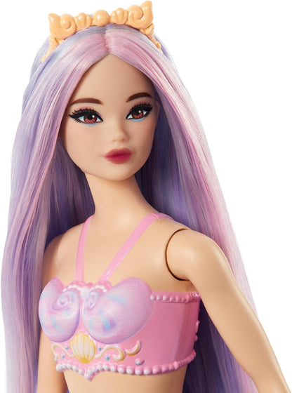 Barbie Bonecas de sereia com cabelo de fantasia e acessórios de faixa de cabeça, brinquedos de sereia com corpete inspirado em conchas e caudas coloridas, HR03