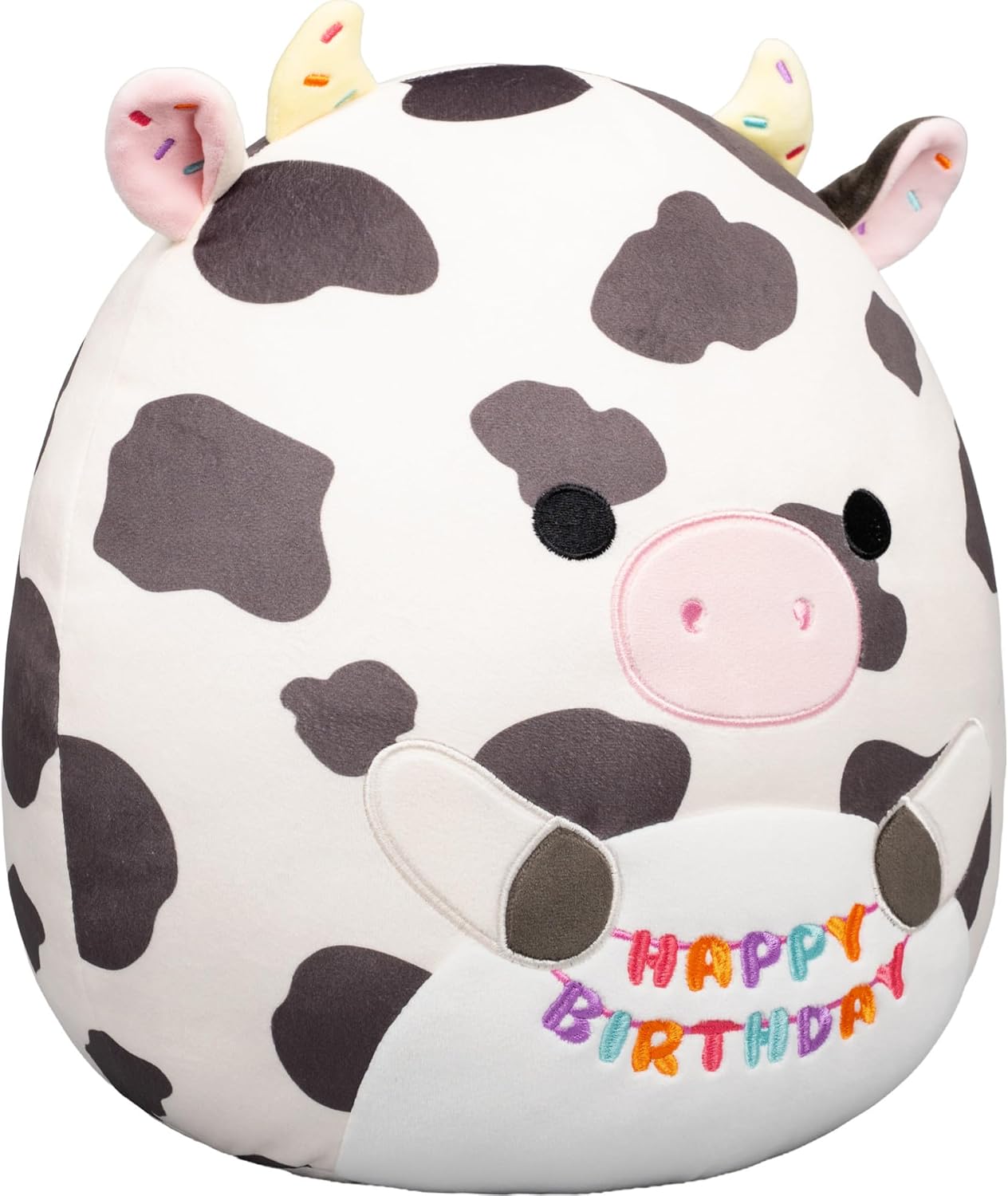 Squishmallows Original de 12 Polegadas – Colin, a Vaca Malhada, Segurando Placa de Aniversário – Pelúcia Oficial Jazwares (Tamanho Médio)
