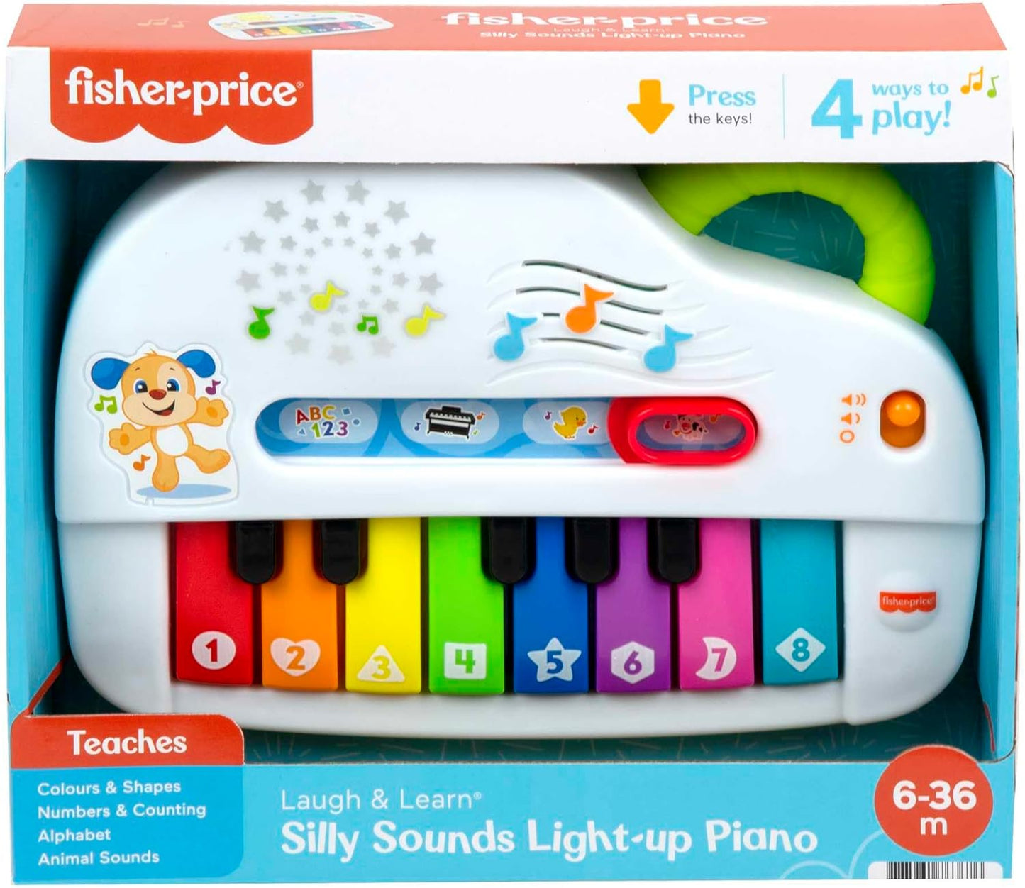 Piano de brinquedo Fisher-Price Silly Sounds com luzes - Edição em inglês do Reino Unido, piano portátil com luzes, notas musicais reais e músicas educativas para bebês e crianças pequenas, GFK04