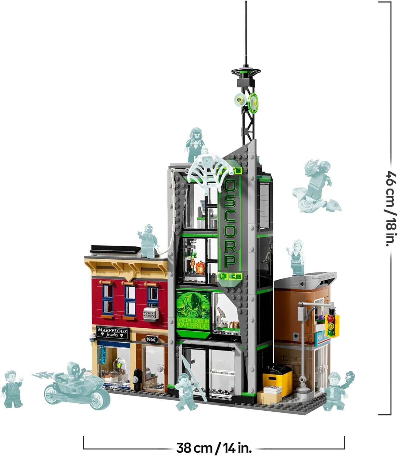 LEGO ǀ Marvel Homem-Aranha vs. Oscorp - Brinquedo interativo com uma moto, 8 minifiguras incluindo Miles Morales e Duende Verde - Presente colecionável de super-herói para meninos e fãs a partir de 10 anos - 76324